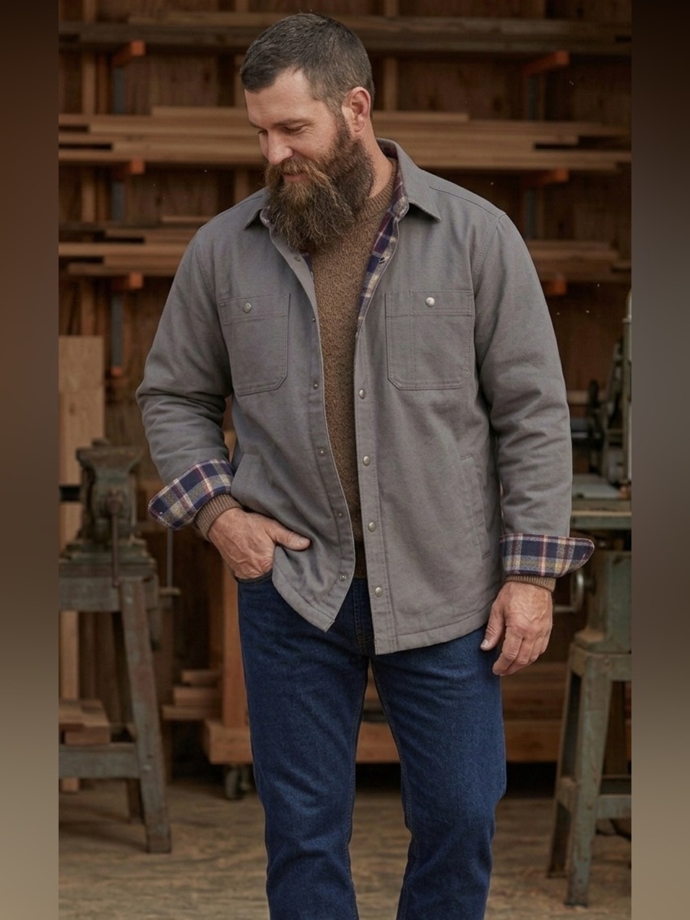 Duluth Trading Co Men 2XL Grey Fire Hose Flannel Lined Limber Jac Shirt Jacket